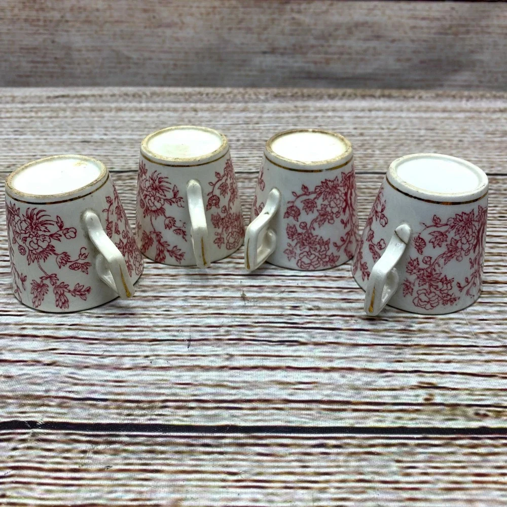 Antique Red Floral‎ Tea Cups and Saucers Set of 4 Orchid China Vintage